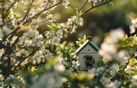 a little house house rests on a blossoming tree.の素材