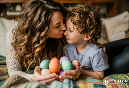 a mother and son kissing holding easter eggs.の素材