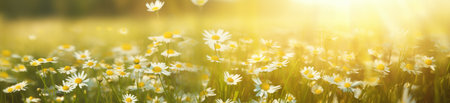 a field of flowers with sun rays behind them.の素材