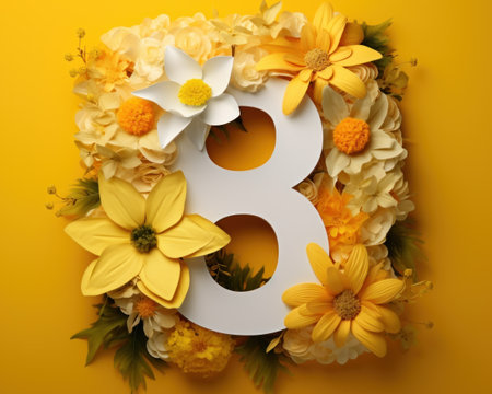 a number eight in yellow flowers behind it.の素材
