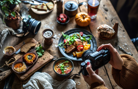 a person holding a camera taking .の素材