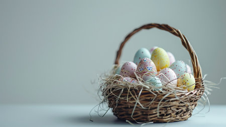 A clean, white background adorned with a single, intricately designed Easter basket filled with eggs.の素材