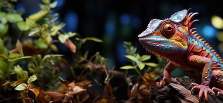 a colorful chameleon is sitting on top of a log.の素材