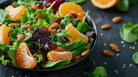 A vibrant salad with mixed greens, mandarin oranges, almonds, and a citrus vinaigrette..の素材