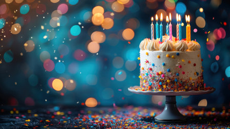 A joyful birthday party with a cake, candles.の素材