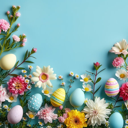 A vibrant Easter scene with blooming flowers, painted eggs.の素材