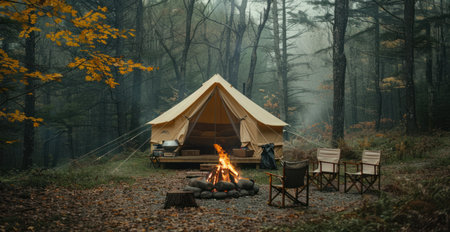 camping furniture by a fire in the woods and tent.の素材