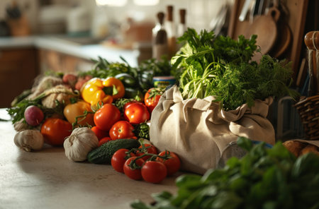 organic produce in a bag on kitchen counter.の素材