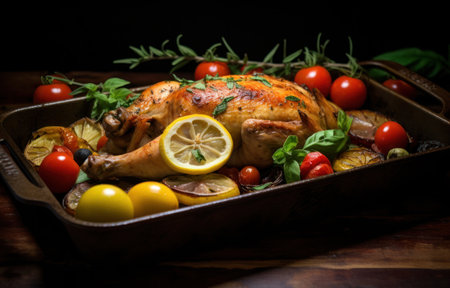 roast chicken on black leather plate with slices of tomatoes.の素材