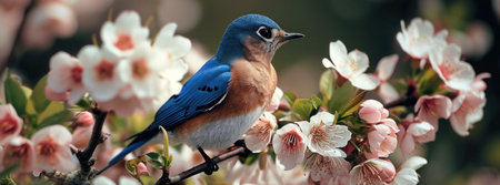 a blue sitting on a blossoming cherry tree.の素材
