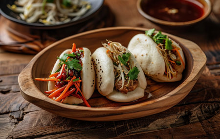 three chow mein style buns sit in a wooden bowl.の素材