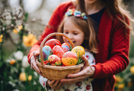 mom and child holding a basketful of easter eggs.の素材