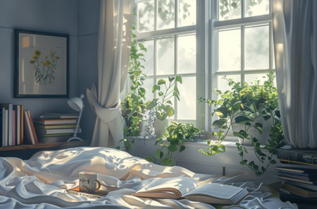 a bed with a coffee mug and book next to the window.の素材