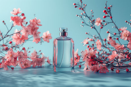 a bottle filled with perfume and flowers arranged on a blue background.の素材
