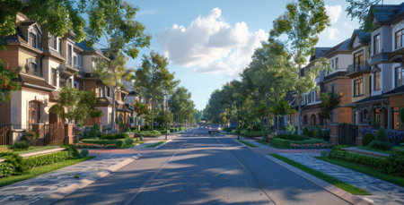 Modern city street with contemporary houses and lush landscapingの素材