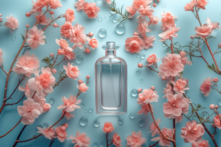 a bottle filled with perfume and flowers arranged on a blue background.の素材