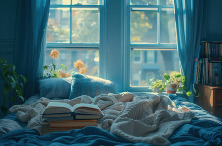 a bed with some books, blanket and booklight by a window.の素材