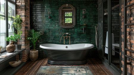 Beautifully modern dark bathroom interior in loft style. Dark green and black tones.の素材