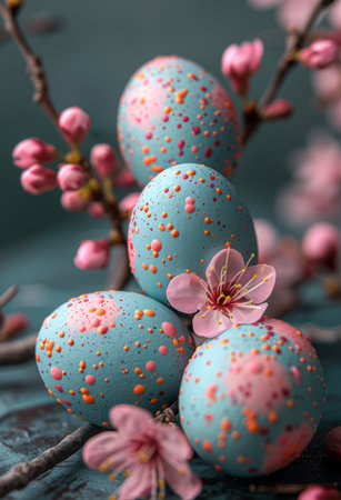 easter egg decorations in bokeh effect on background.の素材