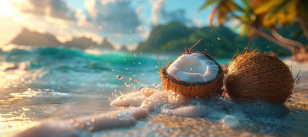 coconut juice with coconut milk on the beach.の素材