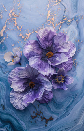 purple and white flowers are on a blue canvas.の素材