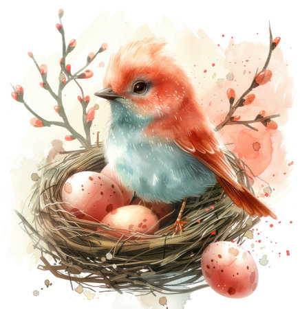 easter watercolor bird and eggs nest.の素材