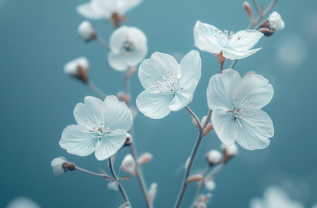 white flowers on the background on this blue backdrop.の素材