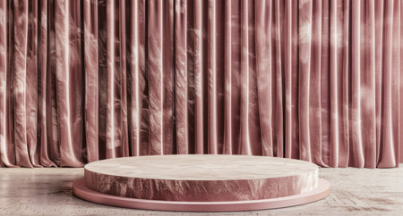 A room with pink curtains has a round table placed in front of it.の素材
