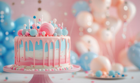 a colorful birthday cake with balloons is in the background.の素材