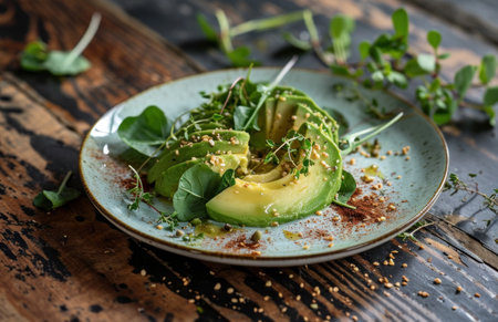 a plate is decorated with avocado and greens.の素材