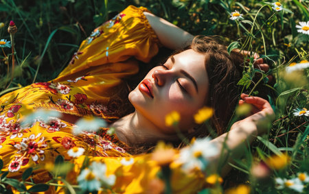 a woman is laying on the grass wearing some flowers.の素材
