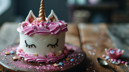 A Unicorn Cake with Pink Frosting and copy space.の素材