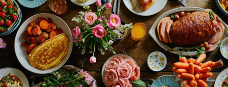 a table of easter food, including ham, pancakes.の素材
