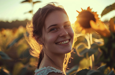 a girl next to a sunflower.の素材