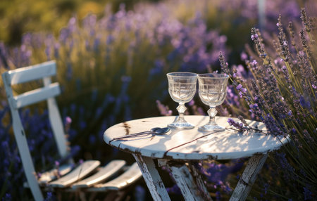 a white table top and glasses on a table in lavender.の素材