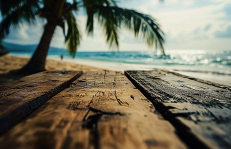 a wooden table on the beach in front of a palm tree.の素材