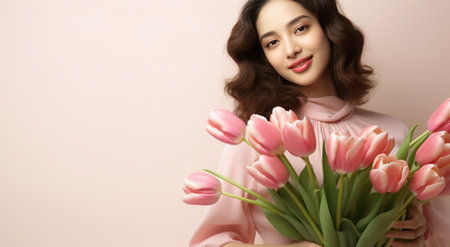 a woman dressed in pink holding a slender bouquet of tulips.の素材