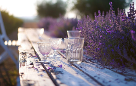 a white table top and glasses on a table in lavender.の素材