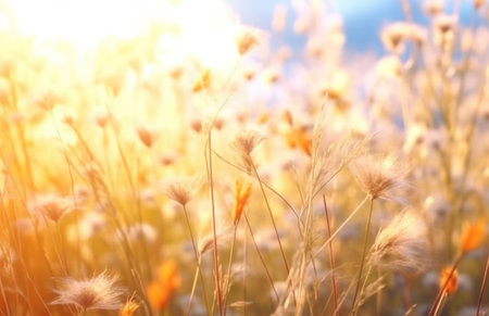 a field of flowers with sun rays behind them.の素材
