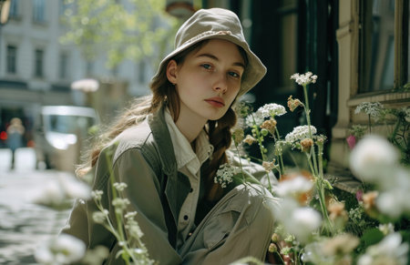 a young woman sitting down with flowers.の素材