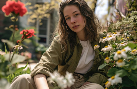 a young woman sitting down with flowers.の素材