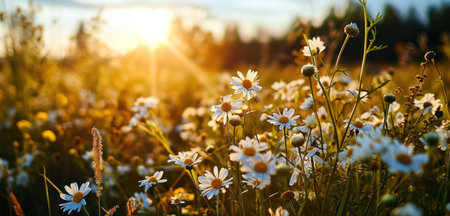wallpaper of green field with flowers.の素材