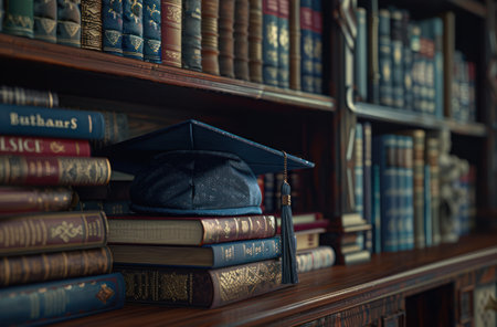 a graduation cap is grouped with books next to a bookshelf.の素材