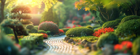 a garden with many beautiful shrubs and trees.の素材
