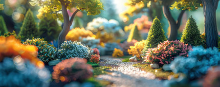 a garden with many beautiful shrubs and trees.の素材