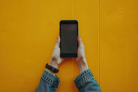 a hand holds the phone with a blank screen in front of a yellow background.の素材