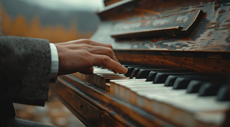 a man in a suit plays an upright piano.の素材