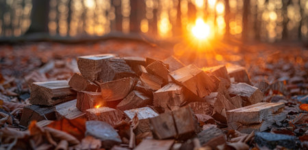 a pile of wood cuts are scattered in the woods at sunset.の素材