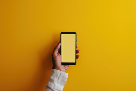 a hand holds the phone with a blank screen in front of a yellow background.の素材