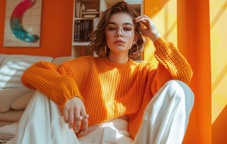 A woman sitting on a chair in an orange sweater and white pants.の素材